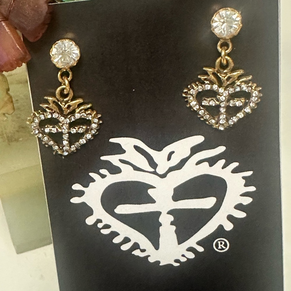 Virgins, Saints and Angels Gold and Crystal Heart Earrings
